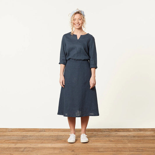 Emma Bluse, 3/4 Ærmer, Navy - Linen By Krebs